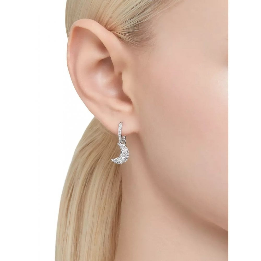 Luna drop earrings Moon, White, Rhodium plated