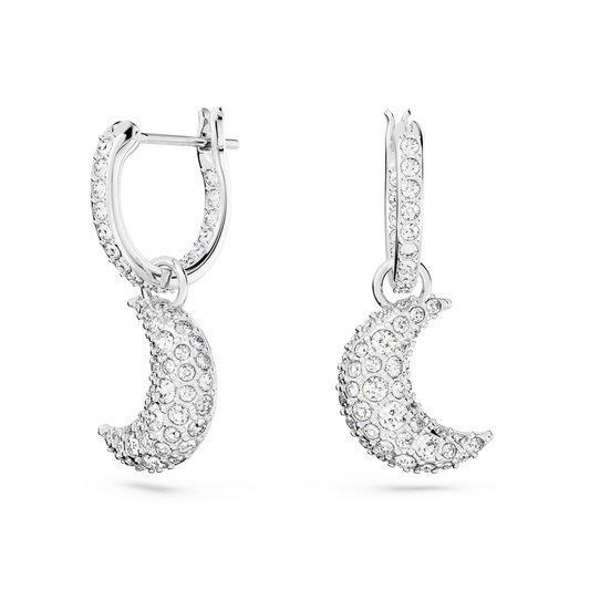 Luna drop earrings Moon, White, Rhodium plated