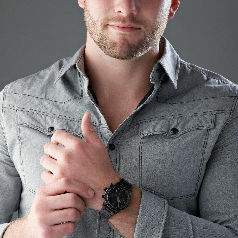 MARIO BLACK STAINLESS STEEL CHRONOGRAPH GENTS BRACELET WATCH WITH BLACK DIAL