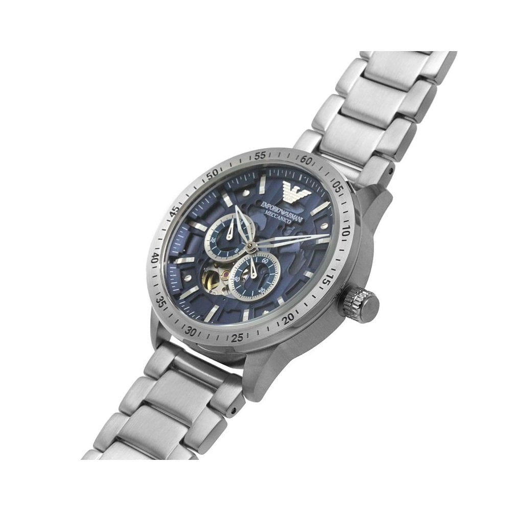 MARIO OPEN FACED MECHANICAL GENTS BRACELET WATCH WITH BLUE DIAL