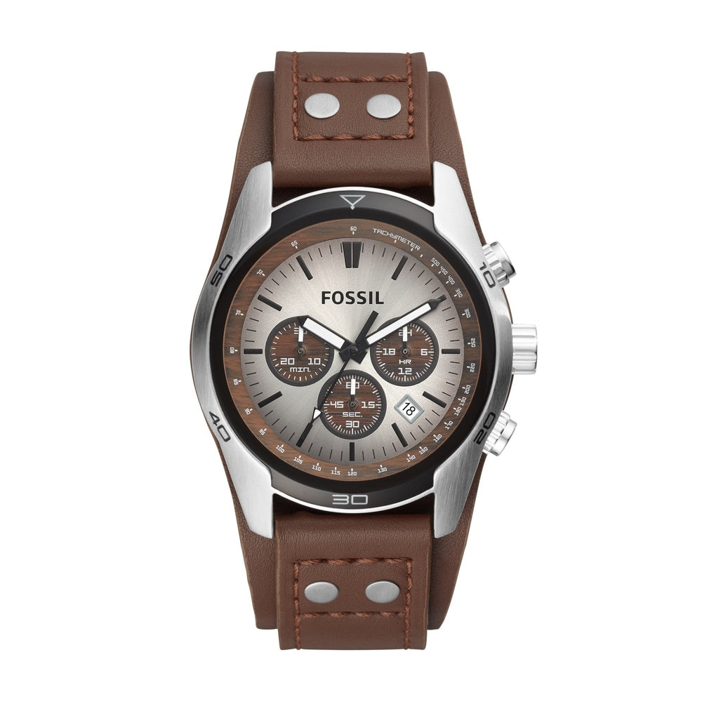 MENS FOSSIL COACHMAN STAINLESS STEEL CHRONOGRAPH CUFF WATCH WITH BROWN LEATHER STRAP