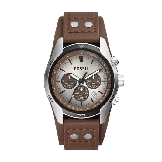 MENS FOSSIL COACHMAN STAINLESS STEEL CHRONOGRAPH CUFF WATCH WITH BROWN LEATHER STRAP