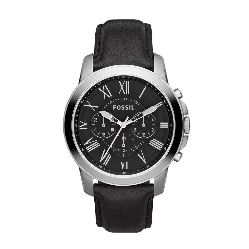 MENS GRANT STAINLESS STEEL CHRONOGRAPH WATCH WITH BLACK LEATHER STRAP