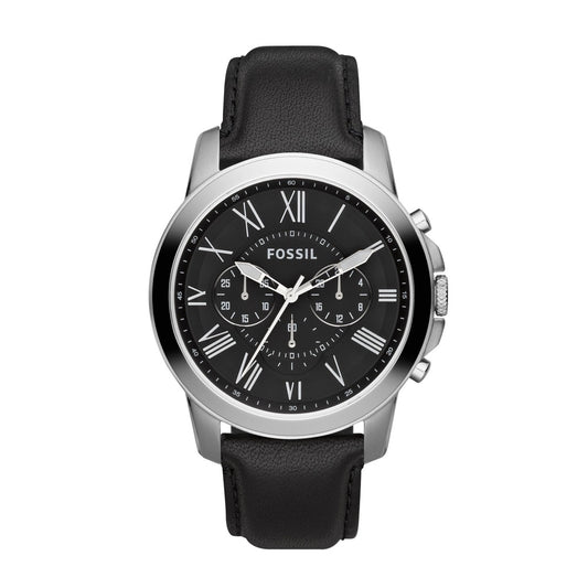 MENS GRANT STAINLESS STEEL CHRONOGRAPH WATCH WITH BLACK LEATHER STRAP