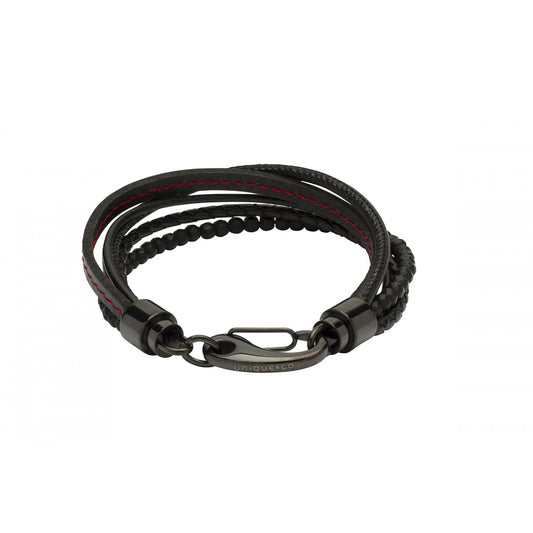 MENS GUN METAL BLACK LEATHER BRACELET