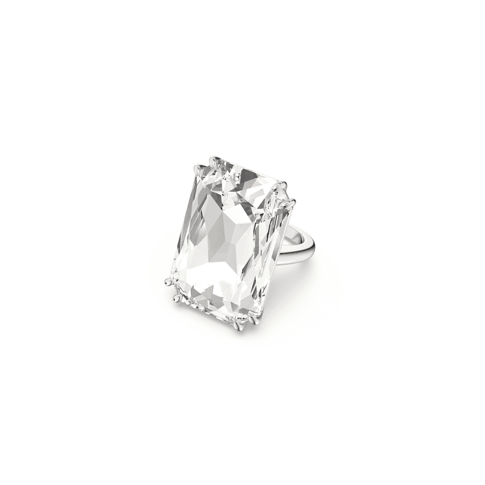 MESMERA RECTANGULAR LARGE CLEAR CRYSTAL COCKTAIL RING SILVER