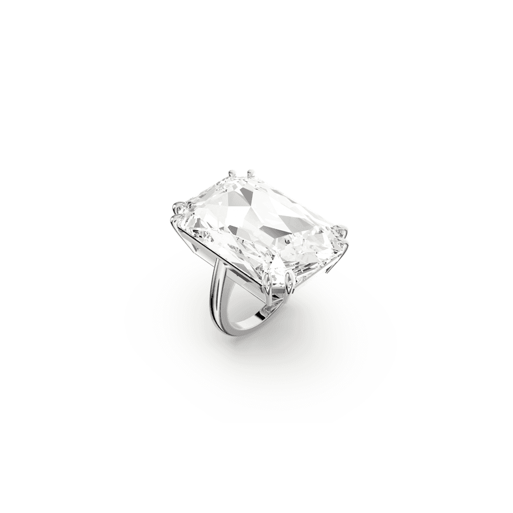 MESMERA RECTANGULAR LARGE CLEAR CRYSTAL COCKTAIL RING SILVER