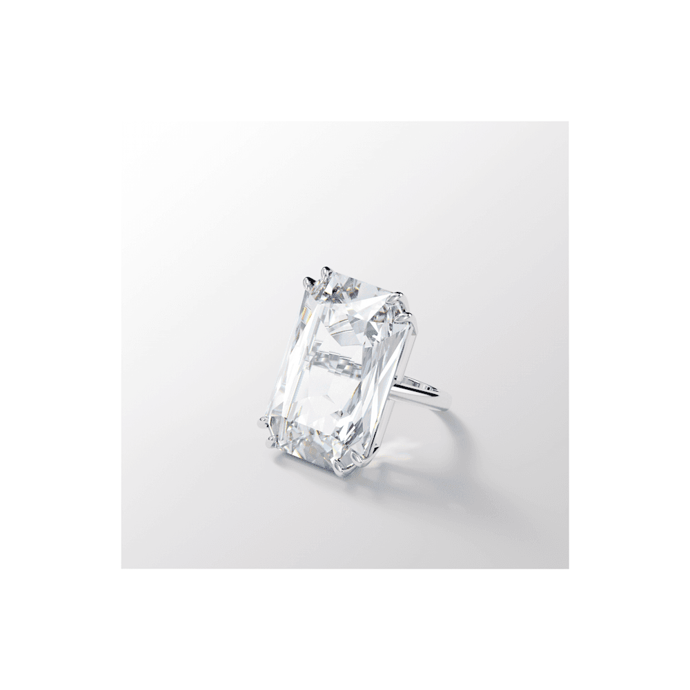 MESMERA RECTANGULAR LARGE CLEAR CRYSTAL COCKTAIL RING SILVER