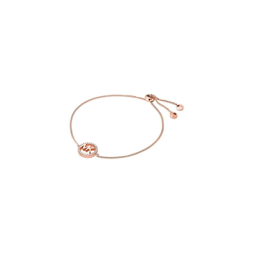 MICHAEL KORS ROSE GOLD ON SILVER CUBIC ZIRCONIA MK LOGO BRACELET