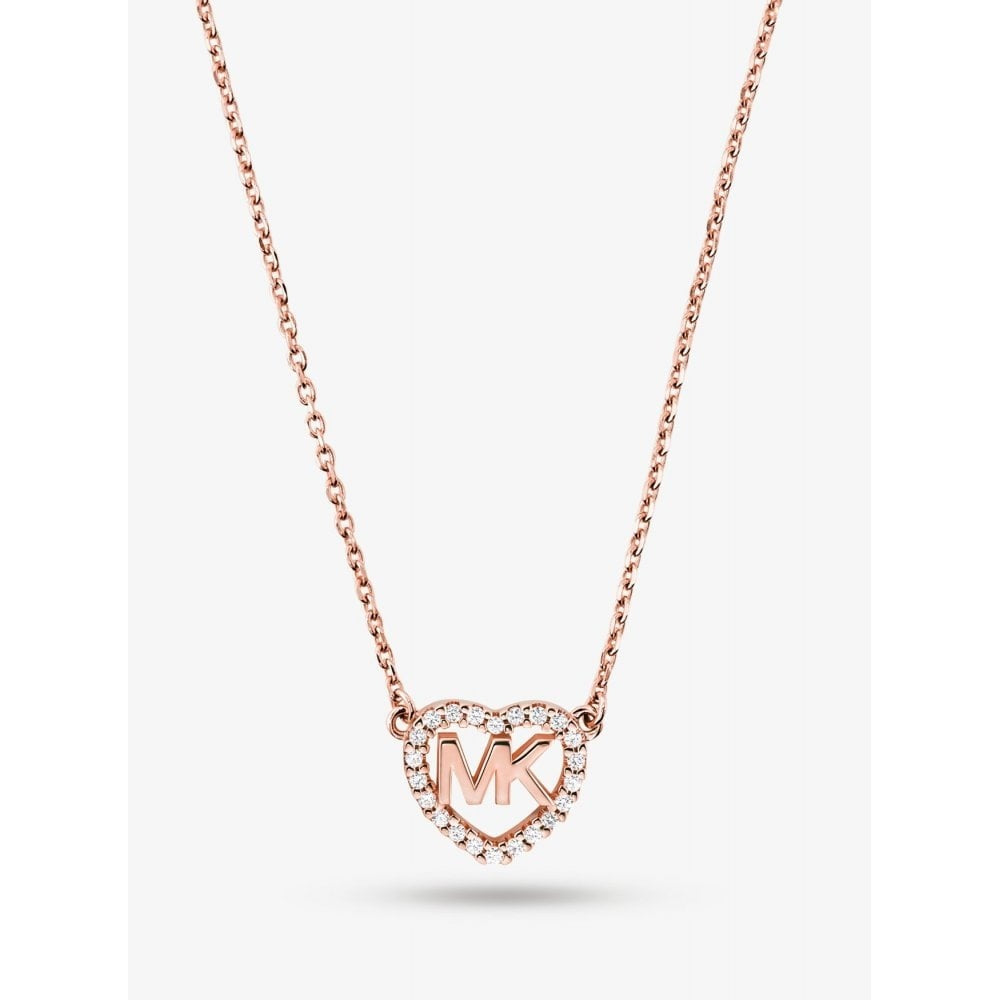 MICHAEL KORS ROSE GOLD ON STERLING SILVER HEART LOGO NECKLACE