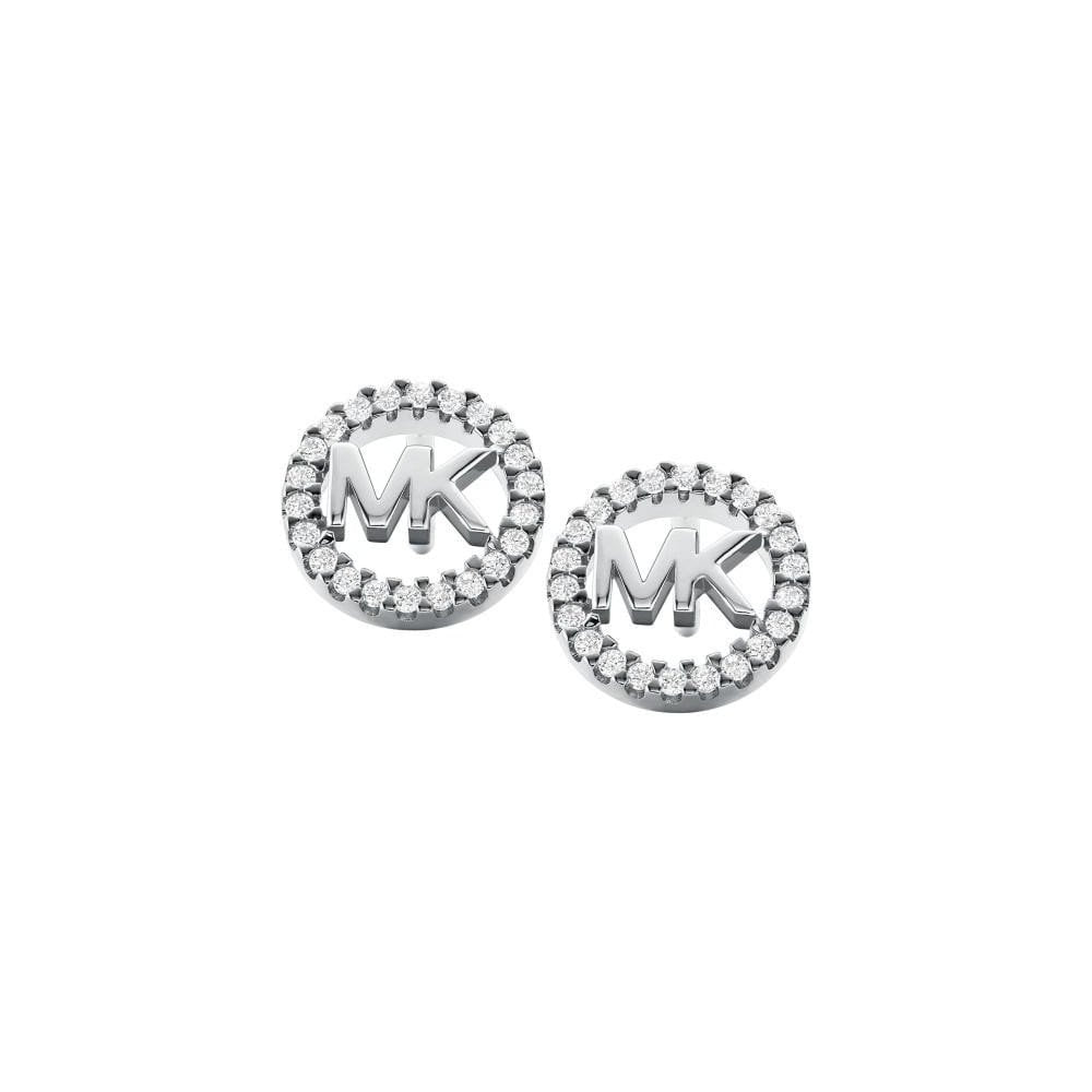 MICHAEL KORS SILVER CIRCLE LOGO STUD EARRINGS WITH ZIRCONIA