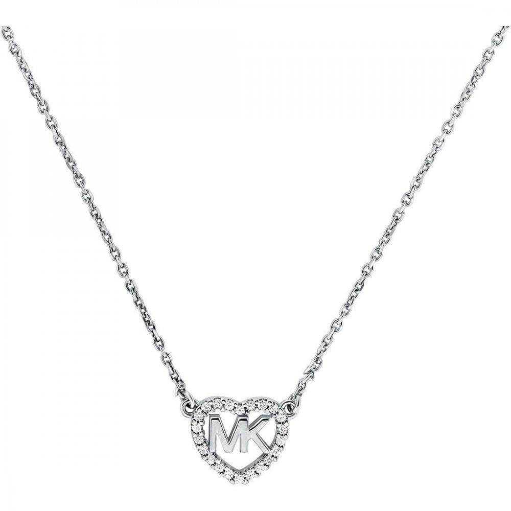 MICHAEL KORS STERLING SILVER LOGO HEART NECKLACE WITH CUBIC ZIRCONIA