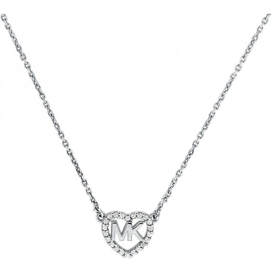 MICHAEL KORS STERLING SILVER LOGO HEART NECKLACE WITH CUBIC ZIRCONIA