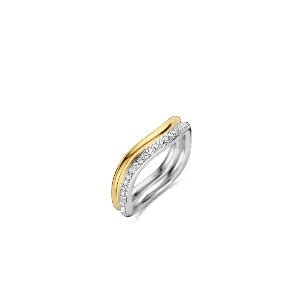 MILANO 2 TONE GOLD & SILVER WAVE BAND WITH PAVE ZIRCONIA