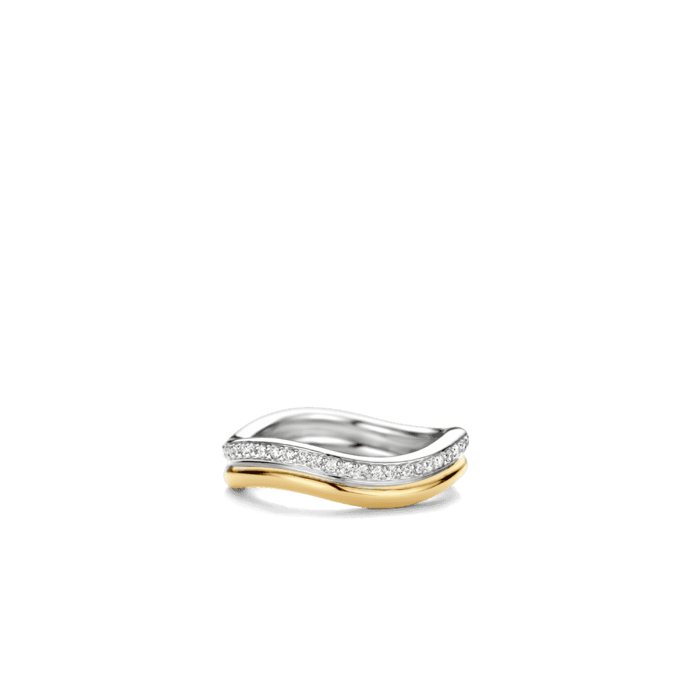 MILANO 2 TONE GOLD & SILVER WAVE BAND WITH PAVE ZIRCONIA