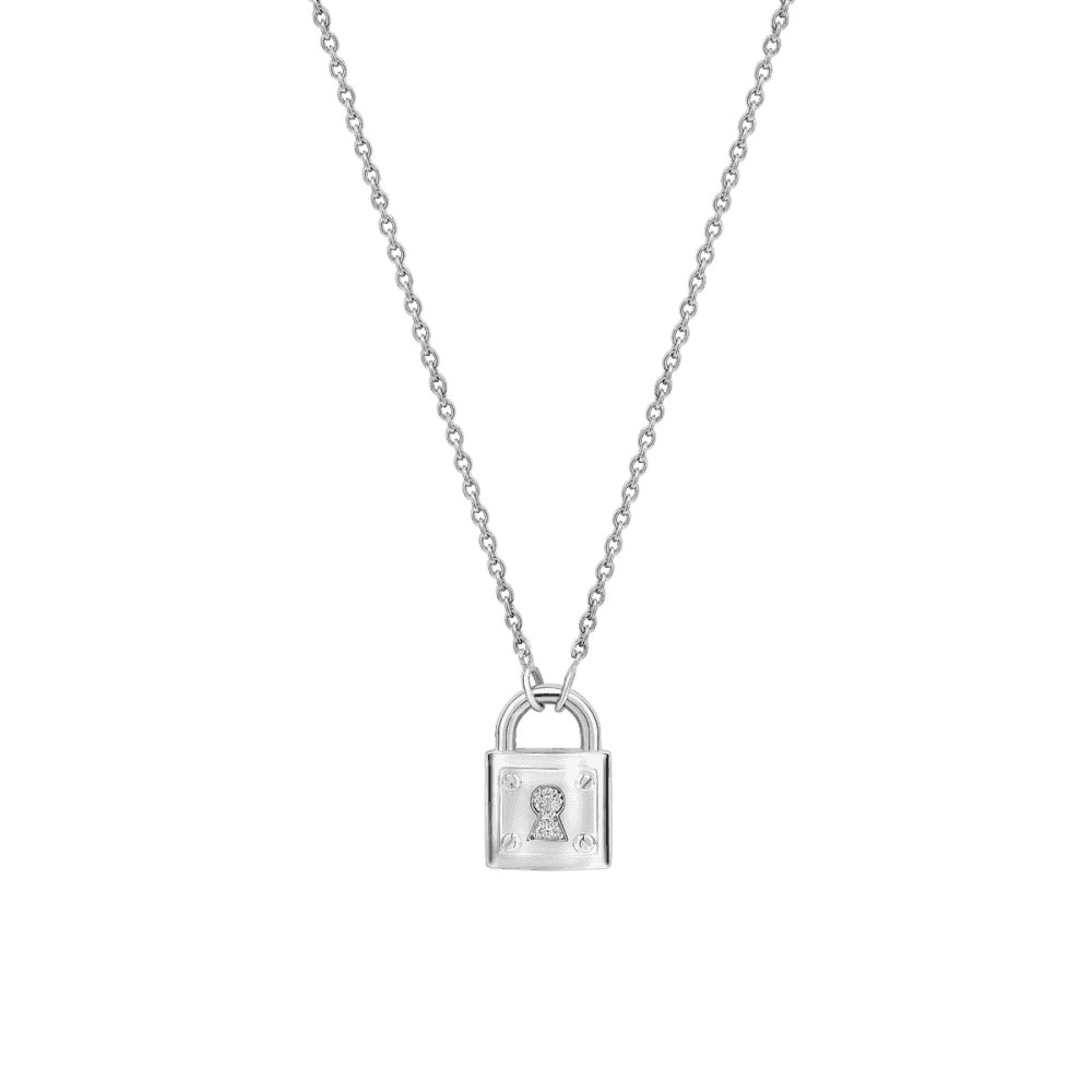 MILANO STERLING SILVER LOCK PENDANT WITH ZIRCONIA & ADJUSTABLE LENGTH CHAIN