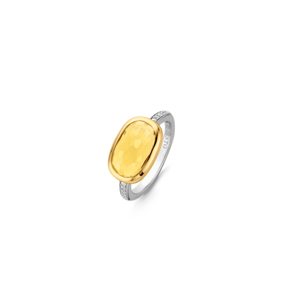 MILANO STERLING SILVER RECTANGULAR YELLOW STONE RING WITH PAVE ZIRCONIA SHOULDERS