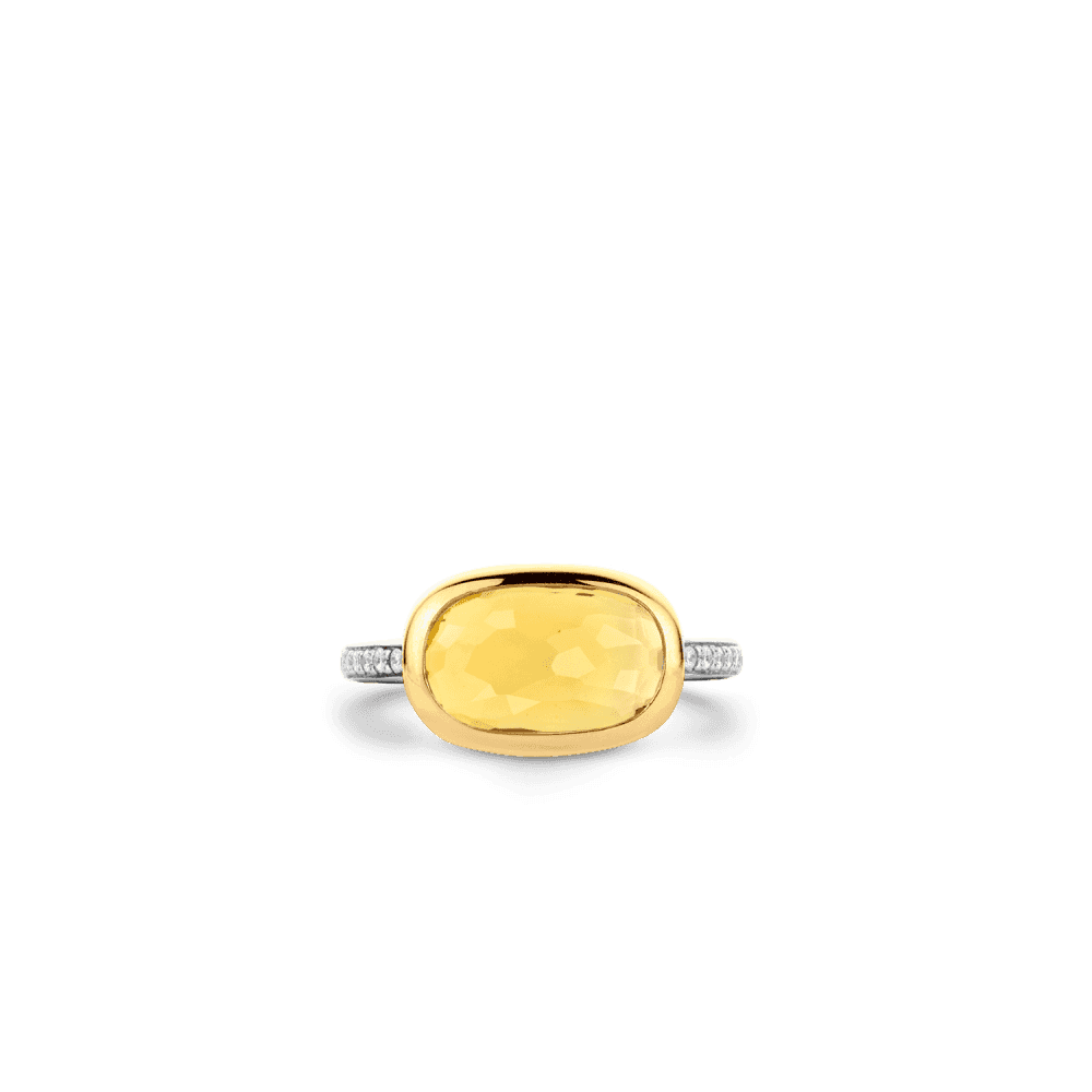 MILANO STERLING SILVER RECTANGULAR YELLOW STONE RING WITH PAVE ZIRCONIA SHOULDERS