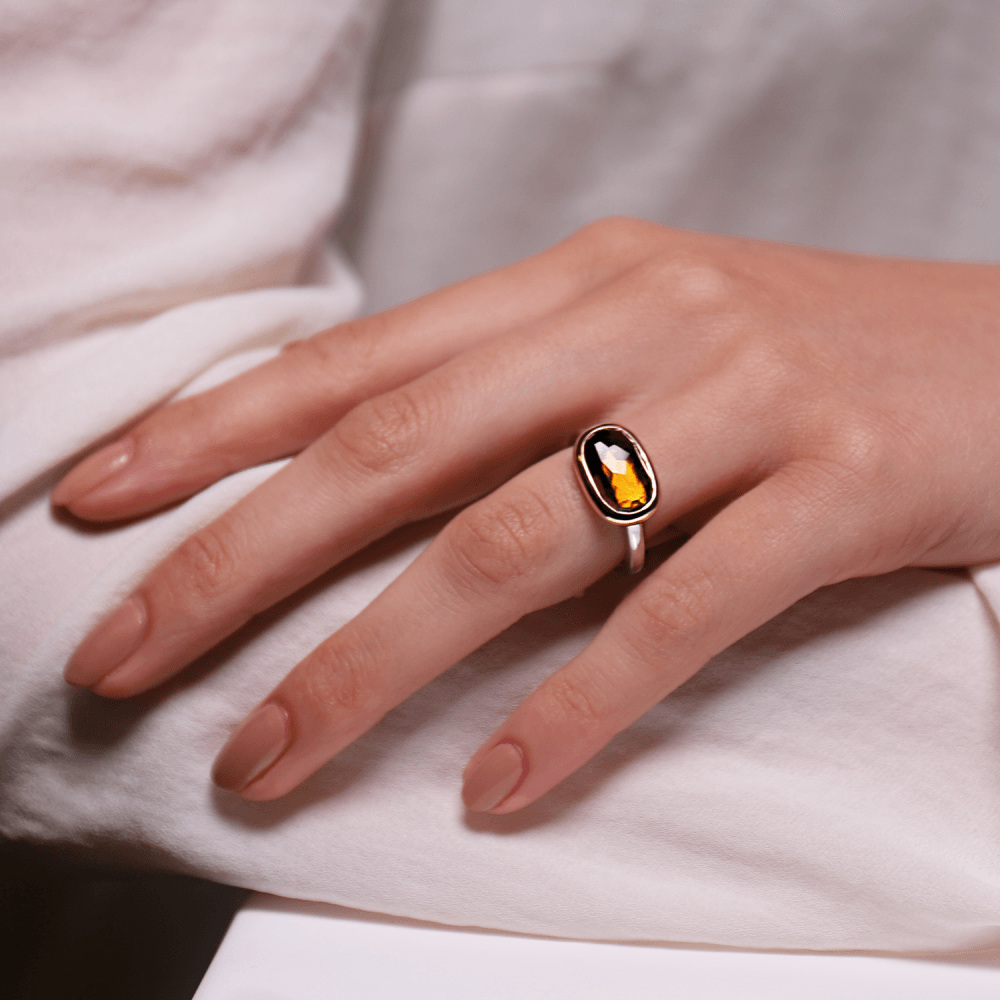 MILANO STERLING SILVER RING WITH BROWN RECTANGULAR STONE & GOLD SURROUND