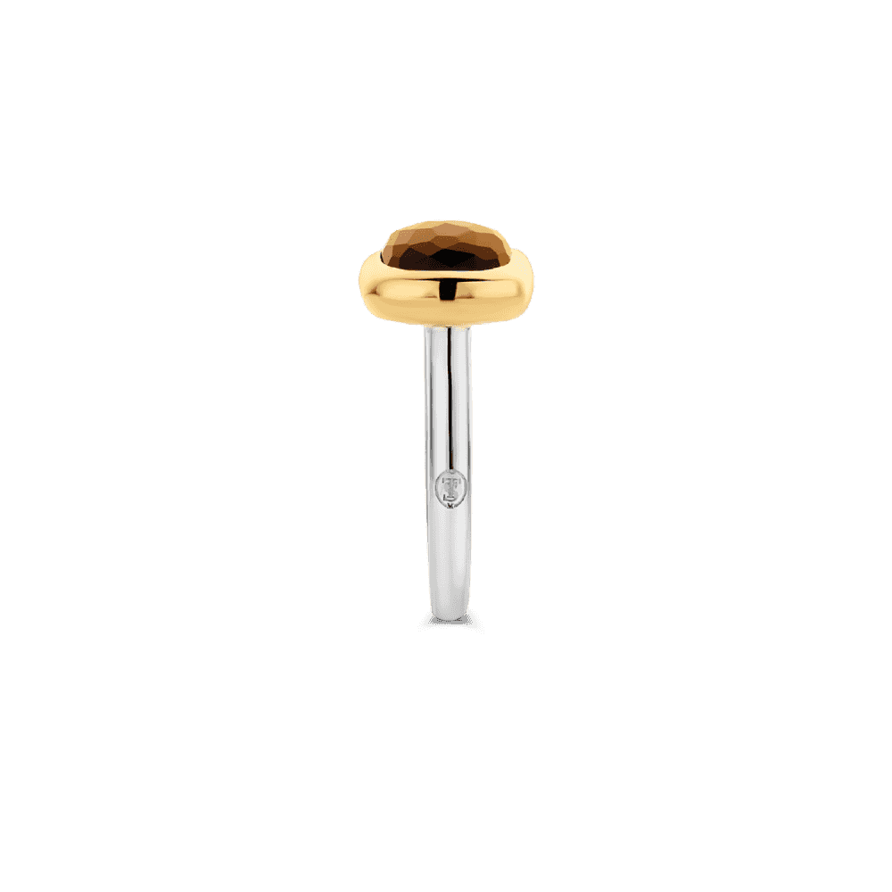 MILANO STERLING SILVER RING WITH BROWN RECTANGULAR STONE & GOLD SURROUND