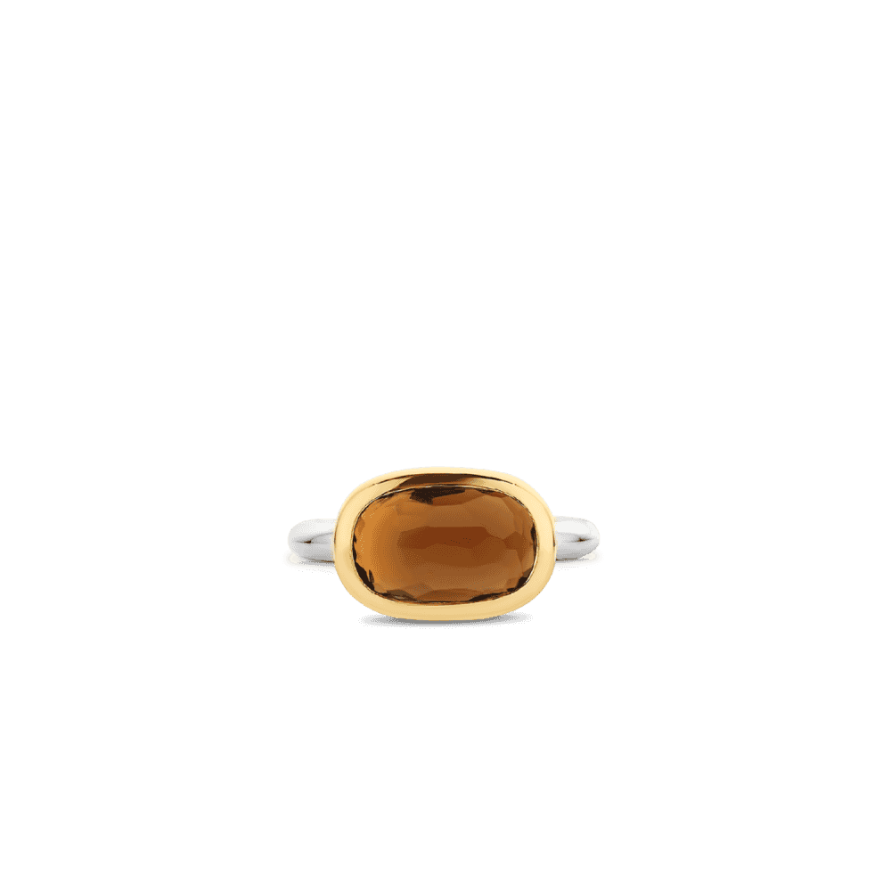 MILANO STERLING SILVER RING WITH BROWN RECTANGULAR STONE & GOLD SURROUND