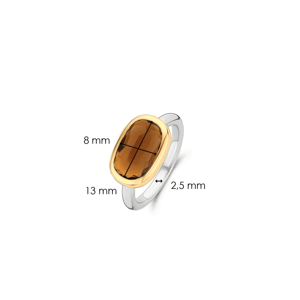 MILANO STERLING SILVER RING WITH BROWN RECTANGULAR STONE & GOLD SURROUND