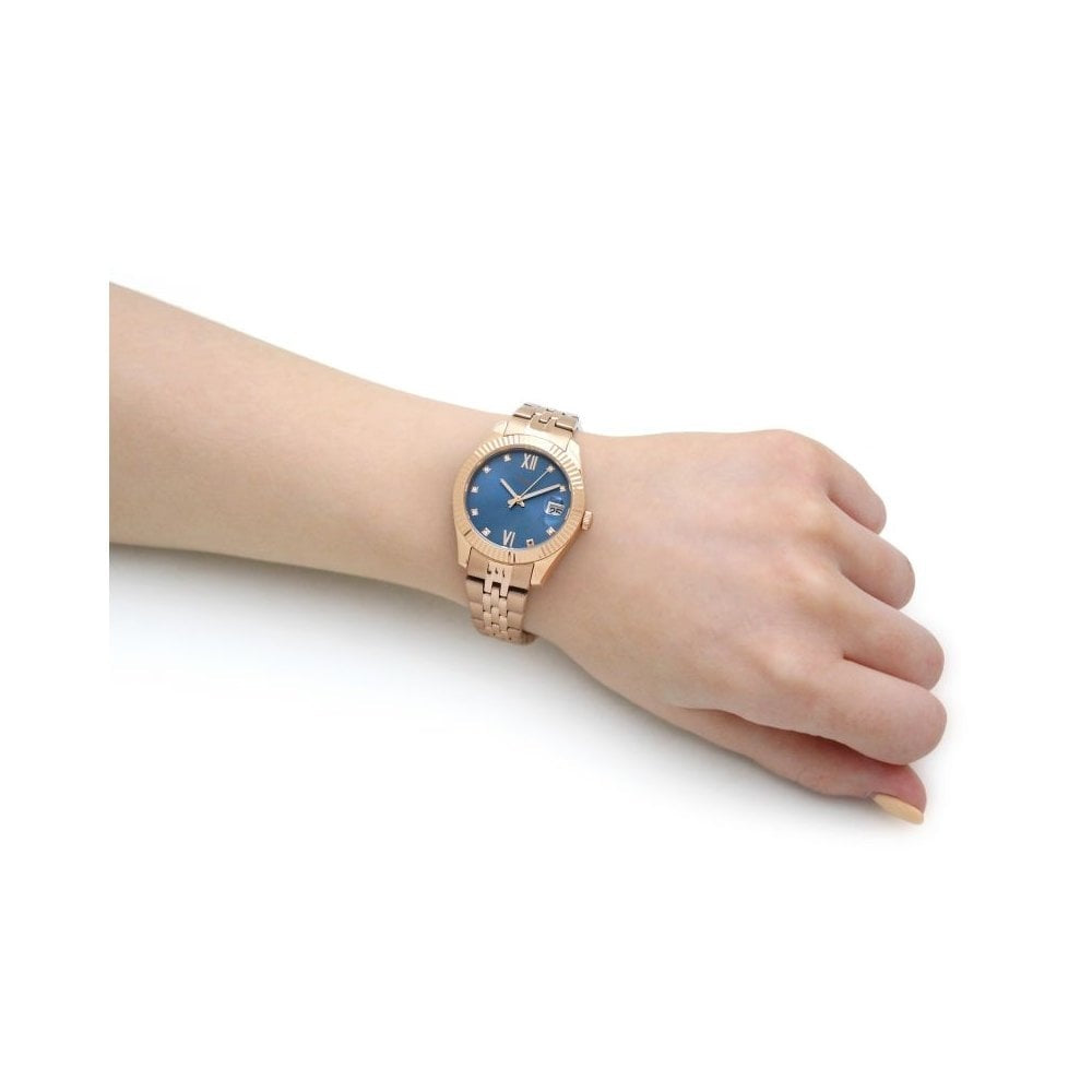 MINI SCARLETTE ROSE GOLD STAINLESS STEEL LADIES BRACELET WATCH WITH BLUE DIAL