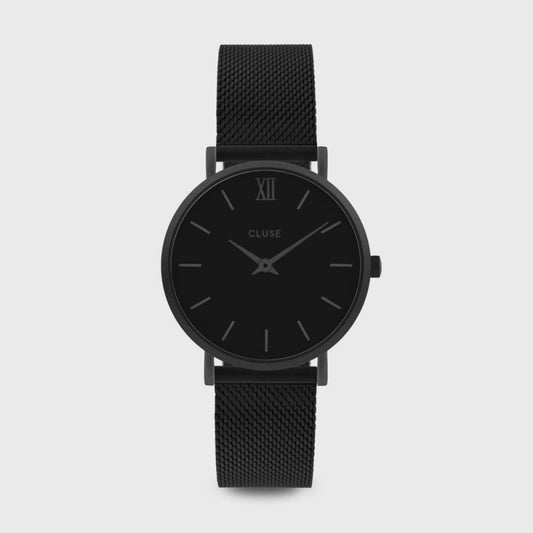 MINUIT BLACK STAINLESS STEEL MESH BRACELET WATCH WITH GREY CASE & BLACK DIAL