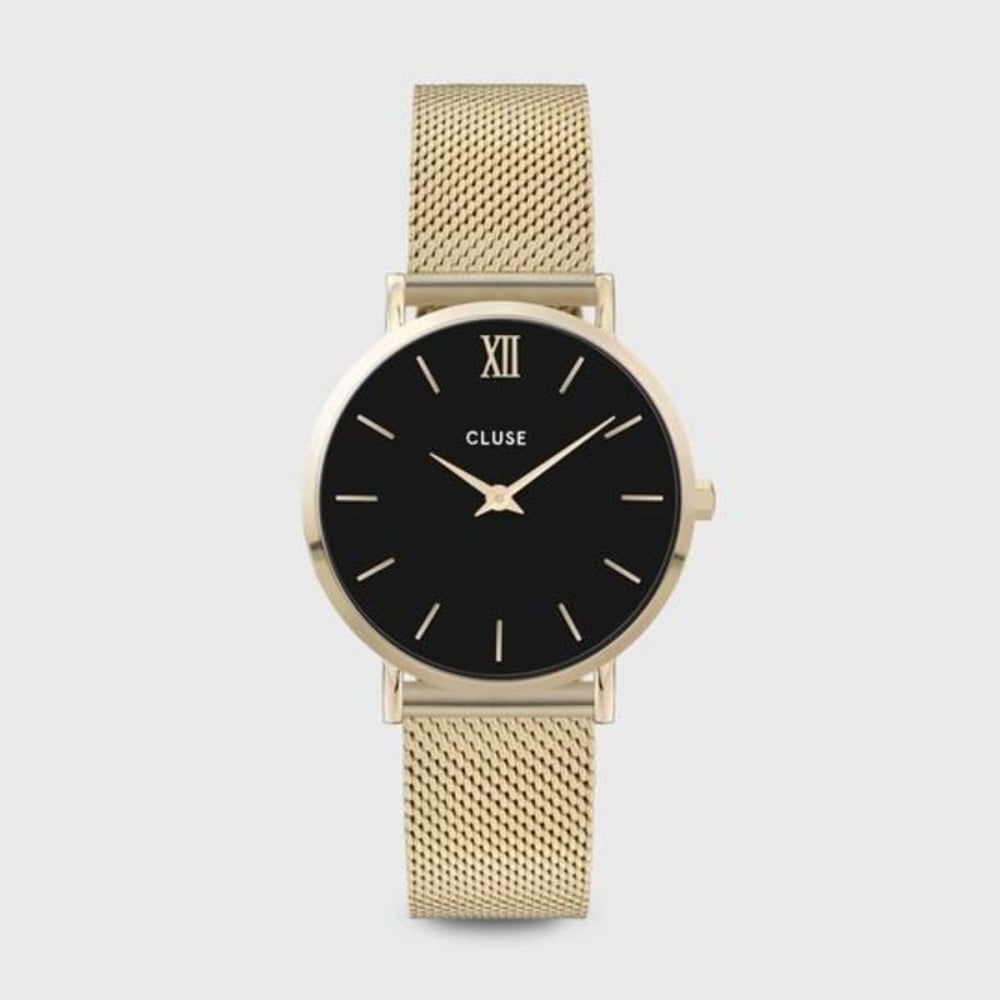 MINUIT GOLD STAINLESS STEEL MESH BRACELET & CASE WITH BLACK DIAL