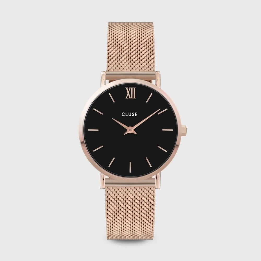 MINUIT ROSE GOLD STAINLESS STEEL MESH BRACELET WATCH WITH BLACK DIAL