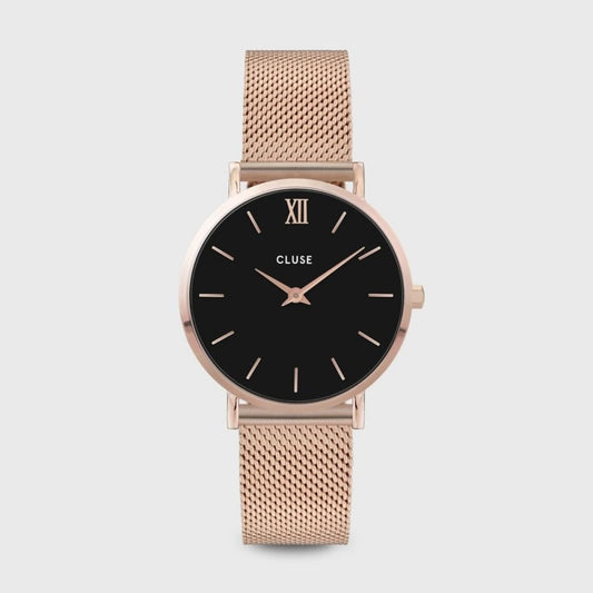 MINUIT ROSE GOLD STAINLESS STEEL MESH BRACELET WATCH WITH BLACK DIAL