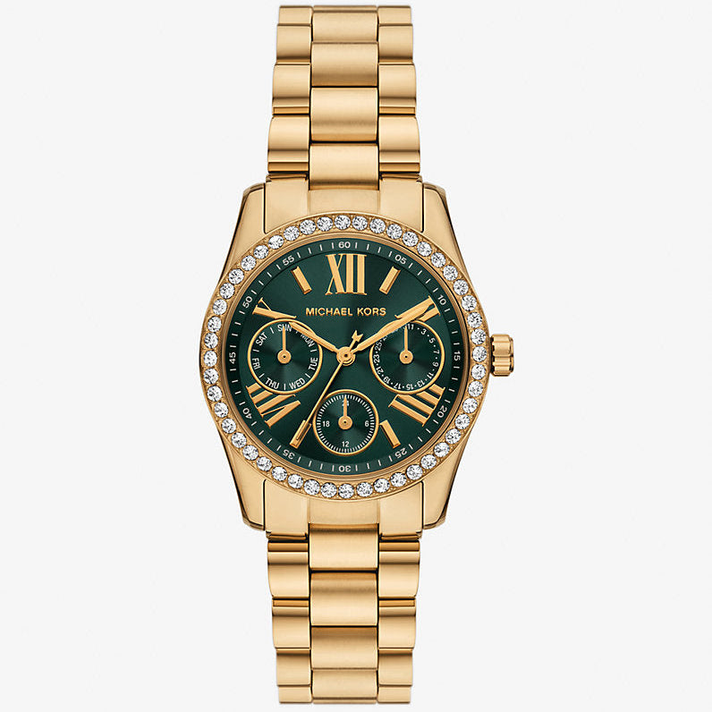 Michael Kors Mini Lexington Pave Green Dial Ladies Gold Stainless Steel Watch