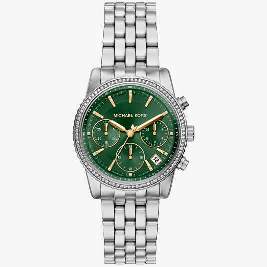 MK BRYANT PAVE GREEN DIAL LADIES STAINLESS STEEL WATCH