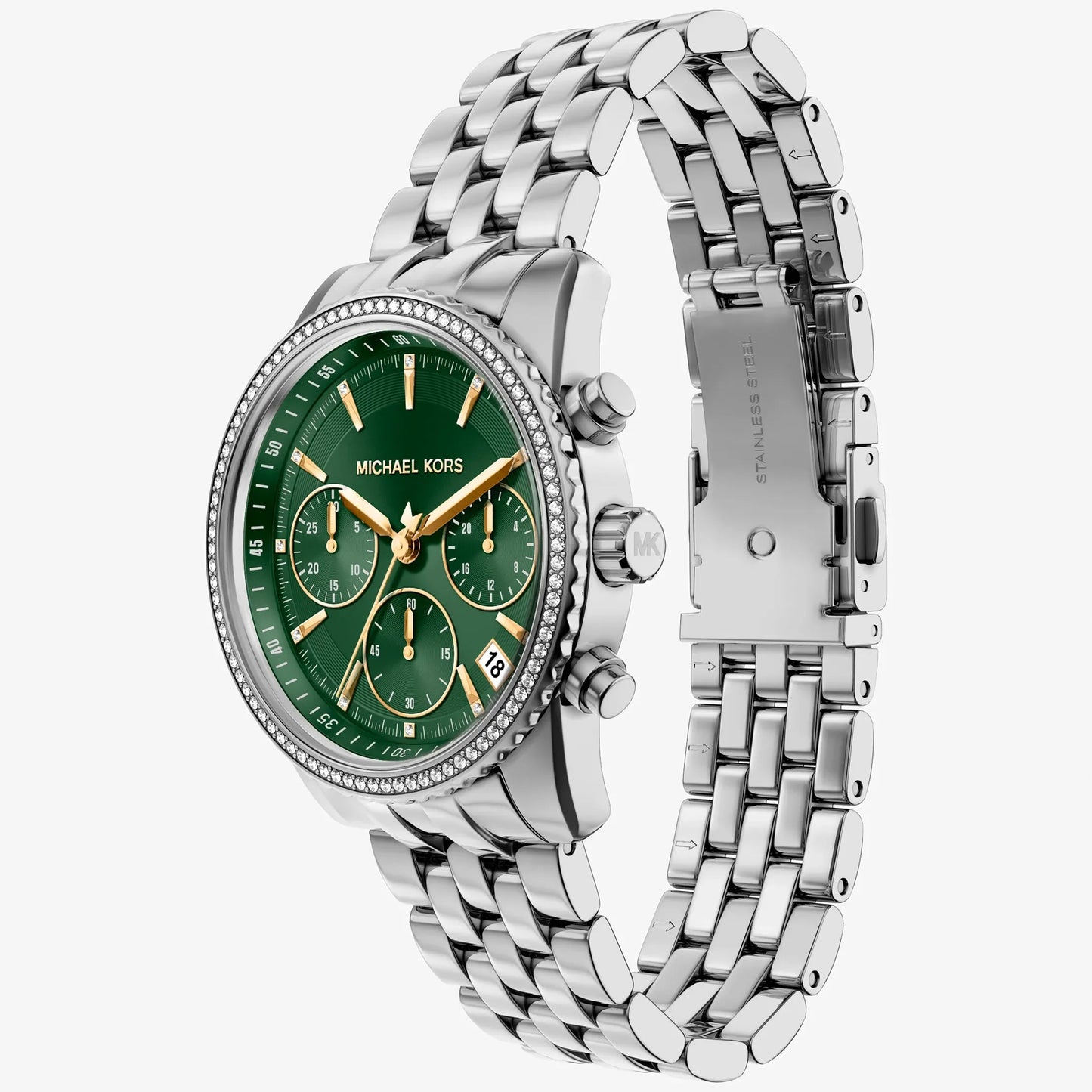 MK BRYANT PAVE GREEN DIAL LADIES STAINLESS STEEL WATCH