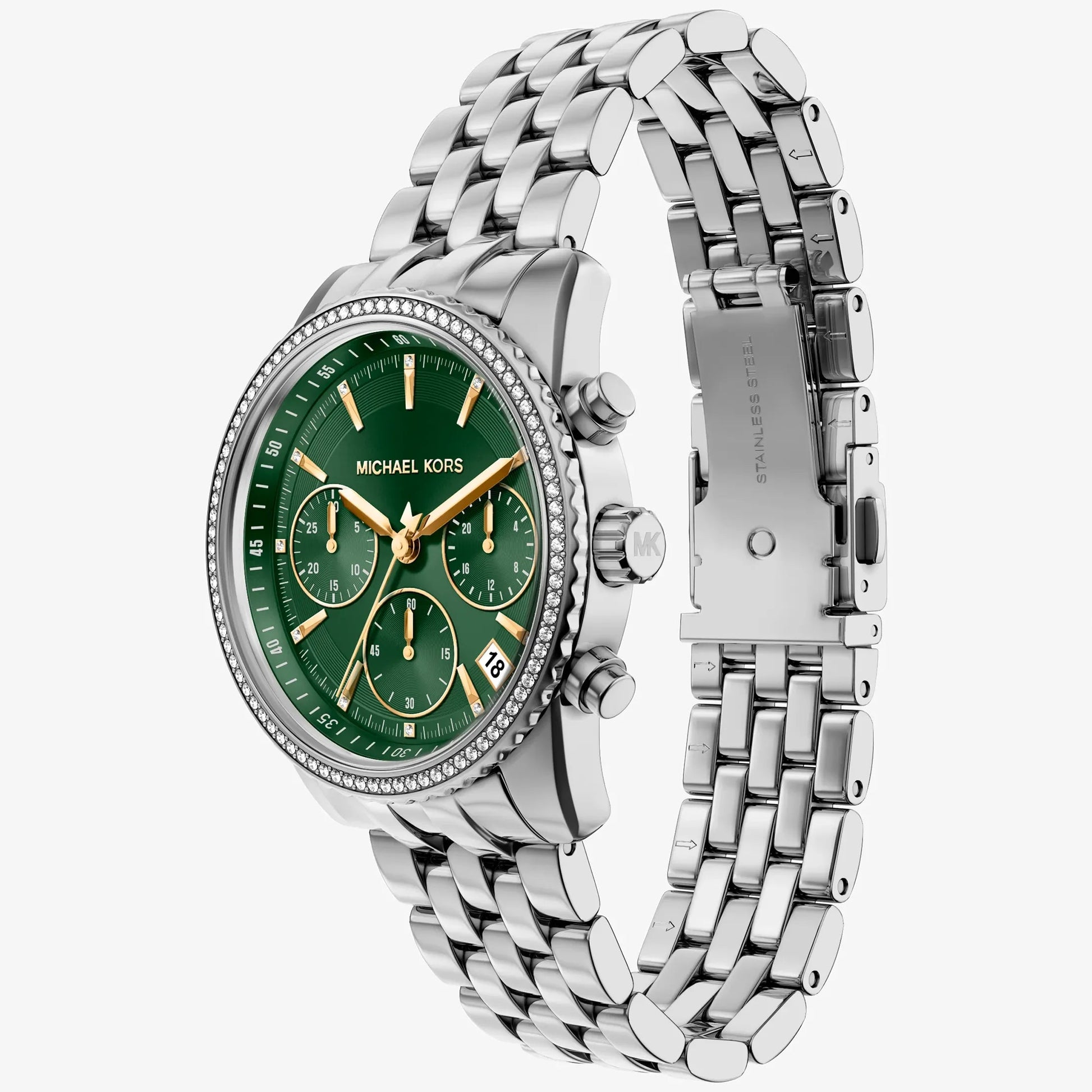 MK BRYANT PAVE GREEN DIAL LADIES STAINLESS STEEL WATCH