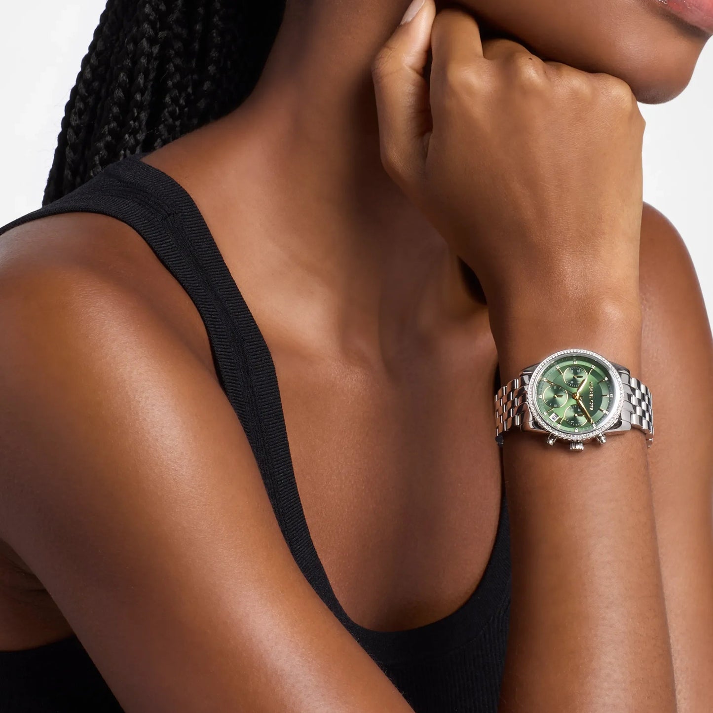 MK BRYANT PAVE GREEN DIAL LADIES STAINLESS STEEL WATCH
