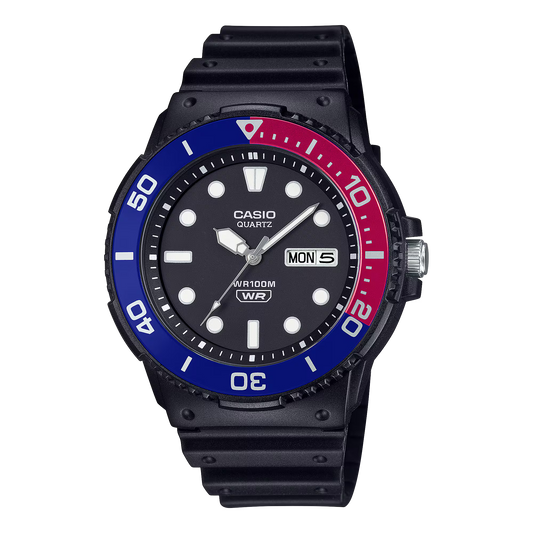 CASIO VINTAGE BLACK DIAL BLUE & RED BEZEL BLACK RESIN STRAP WATCH