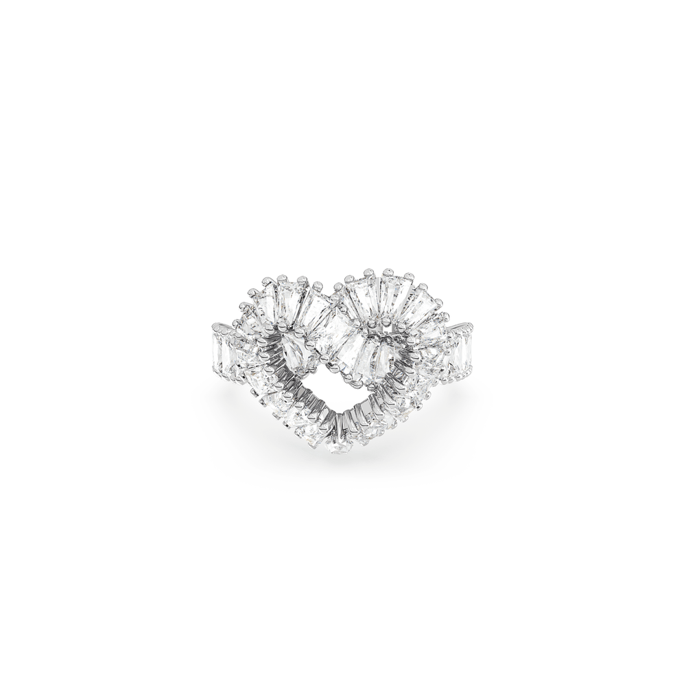 Matrix cocktail ring, Mixed cuts, Heart, White, Rhodium plated