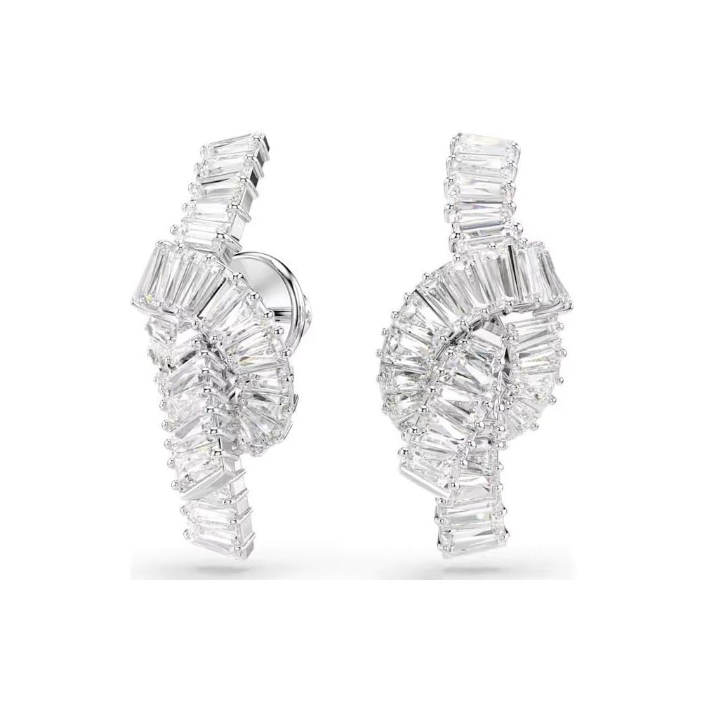 Matrix earrings Baguette cut, Knot, White, Rhodium plated
