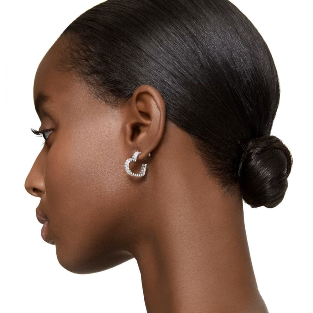 Matrix hoop earrings Baguette cut, Heart, Small, White, Rhodium plated