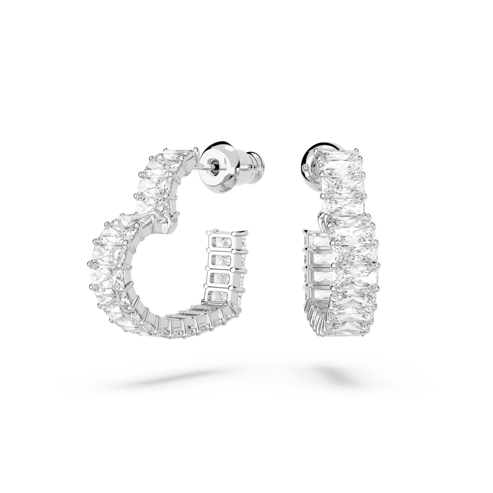 Matrix hoop earrings Baguette cut, Heart, Small, White, Rhodium plated