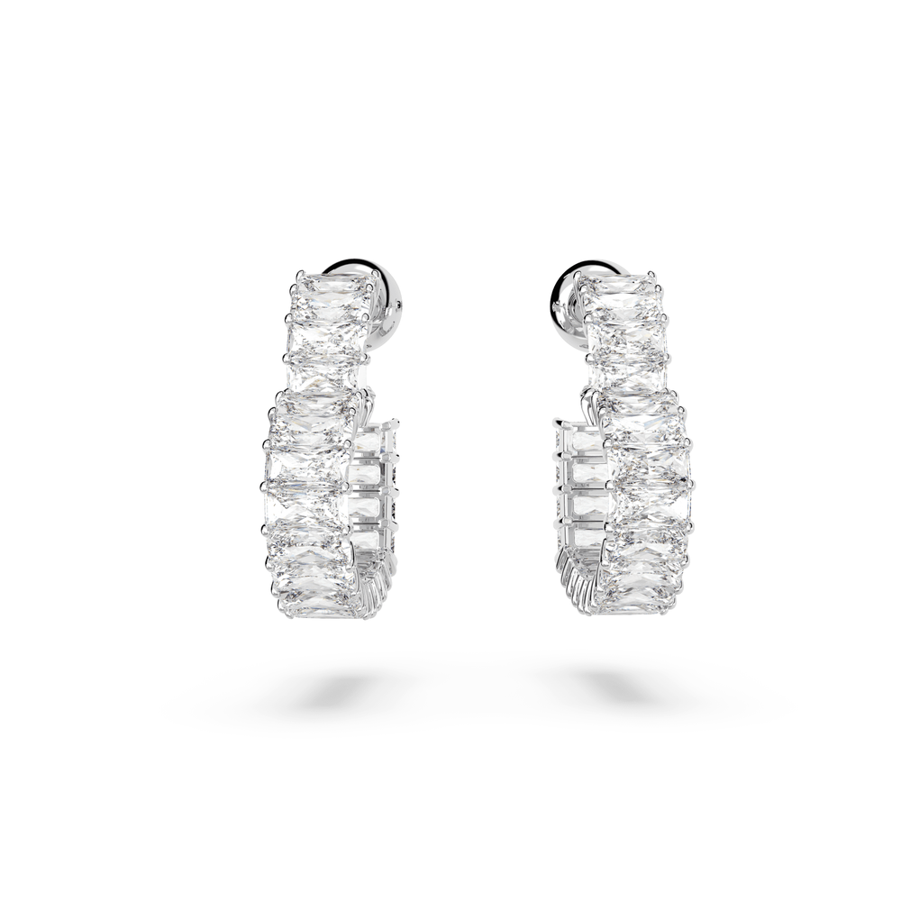 Matrix hoop earrings Baguette cut, Heart, Small, White, Rhodium plated