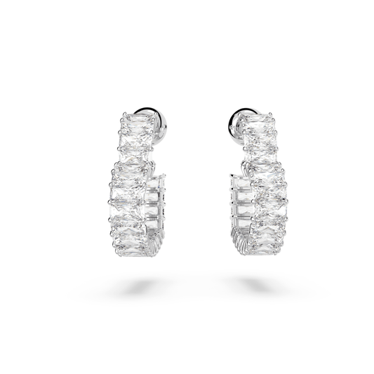 Matrix hoop earrings Baguette cut, Heart, Small, White, Rhodium plated