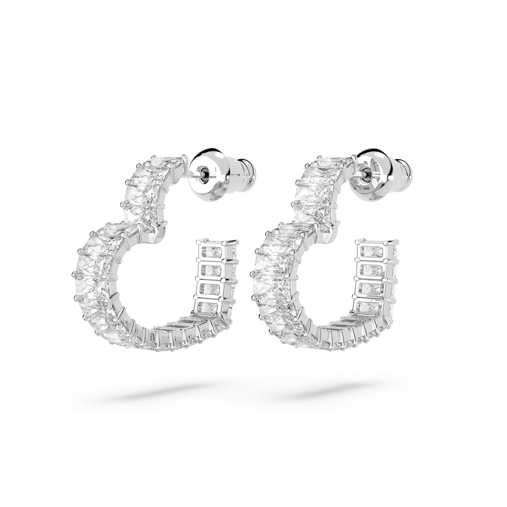 Matrix hoop earrings Baguette cut, Heart, Small, White, Rhodium plated