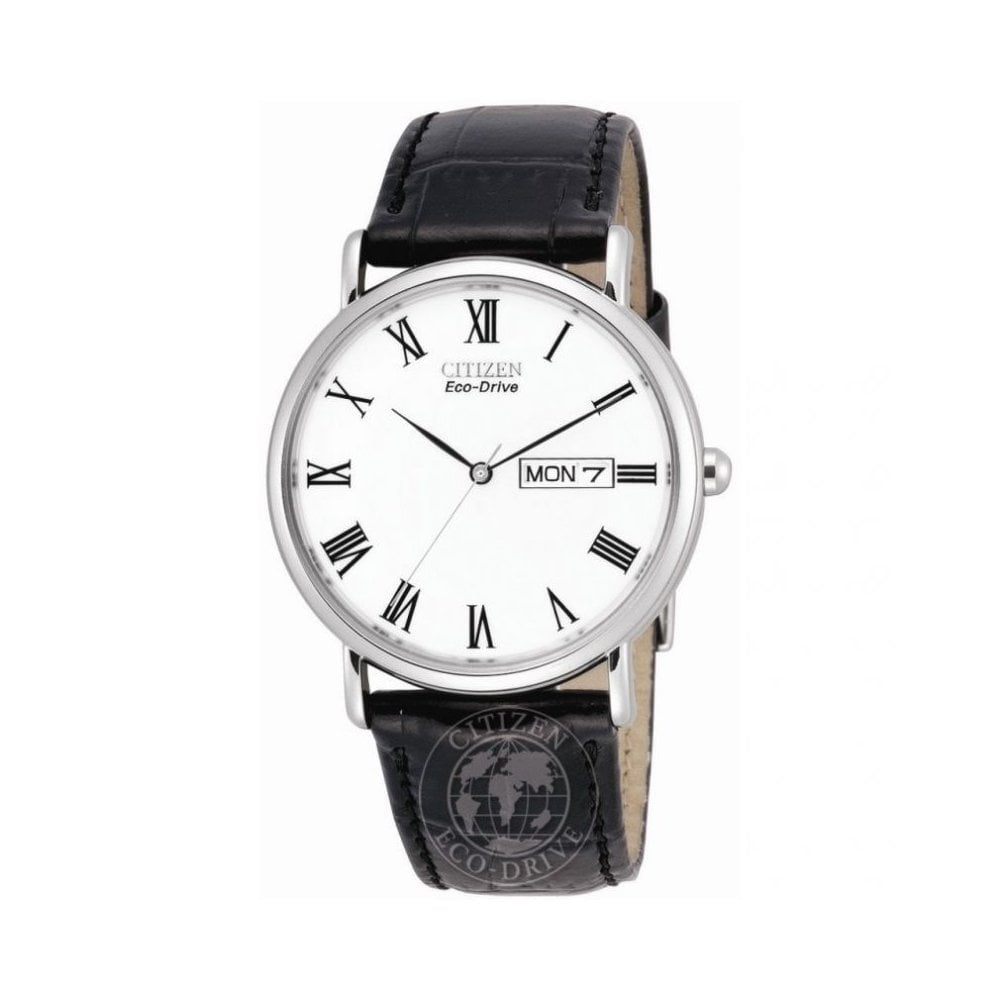 Mens Citizen Eco-drive stainless steel watch with black leather strap & day/date feature