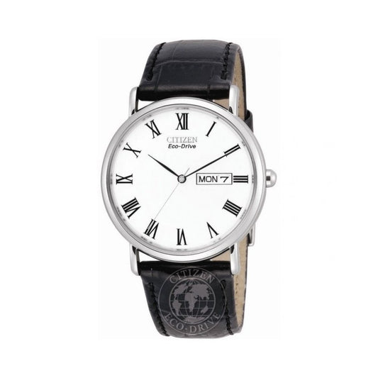 Mens Citizen Eco-drive stainless steel watch with black leather strap & day/date feature