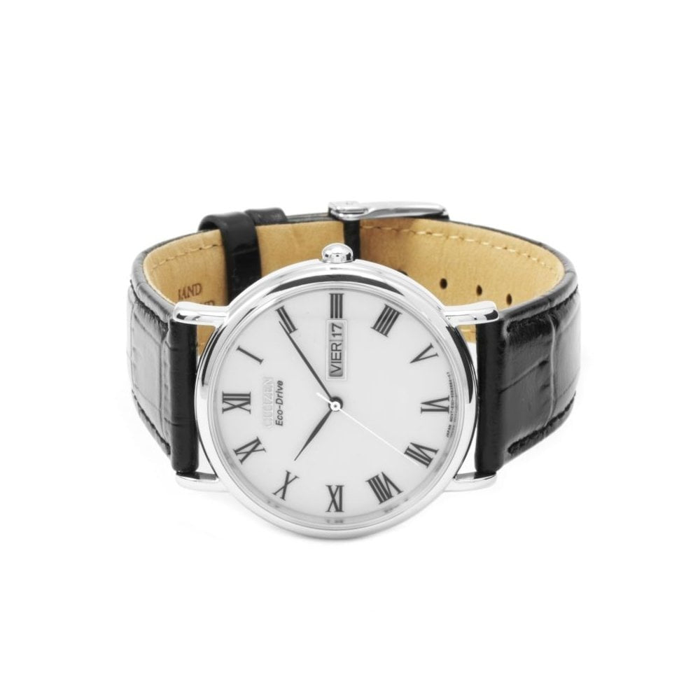 Mens Citizen Eco-drive stainless steel watch with black leather strap & day/date feature