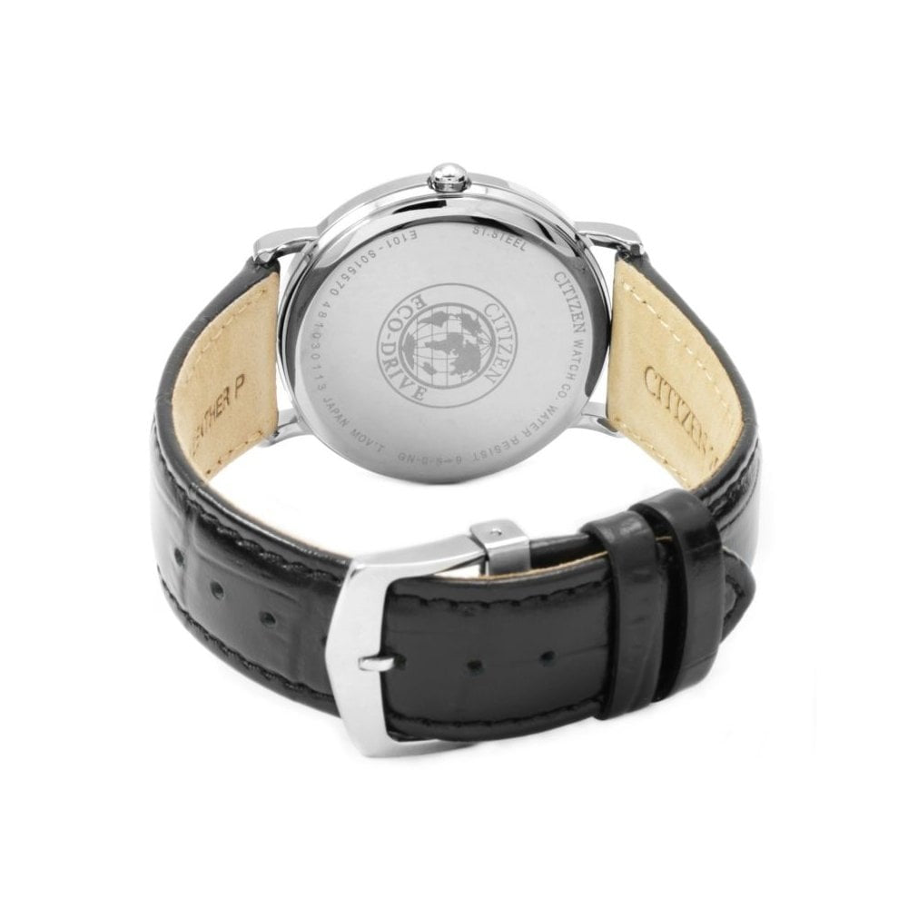 Mens Citizen Eco-drive stainless steel watch with black leather strap & day/date feature