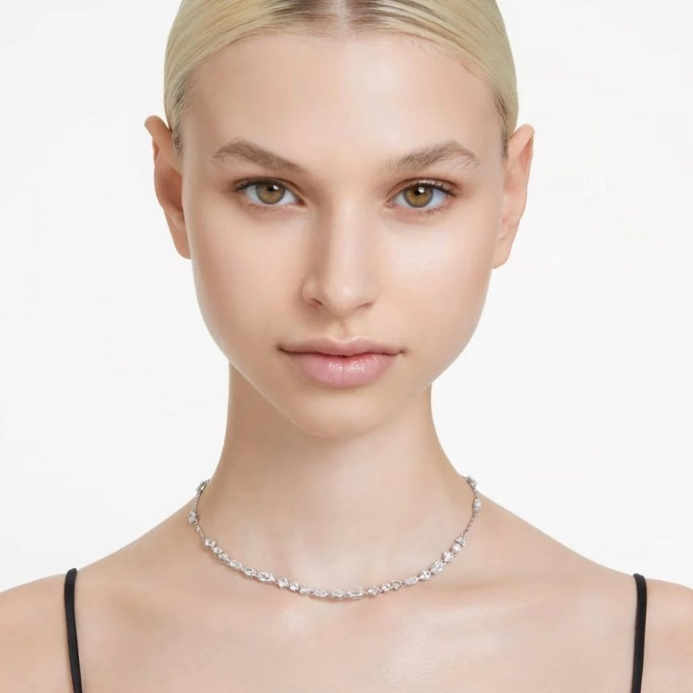 Mesmera necklace Mixed cuts, Scattered design, White, Rhodium plated
