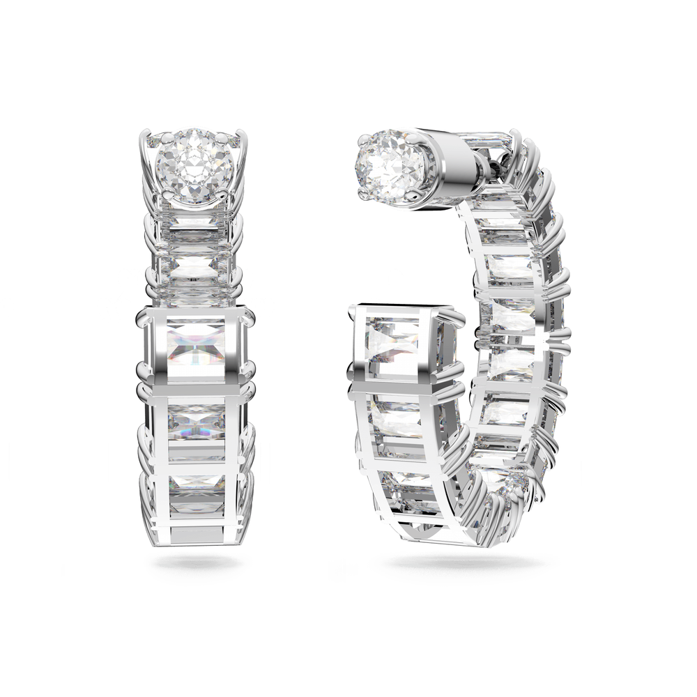 Millenia hoop earrings, Octagon cut, White, Rhodium plated